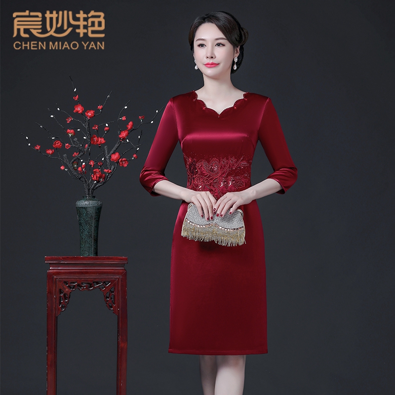 69275喜妈妈秋季醋酸缎连衣裙